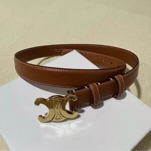 Celine Brown Leather Belt with Gold Logo Buckle